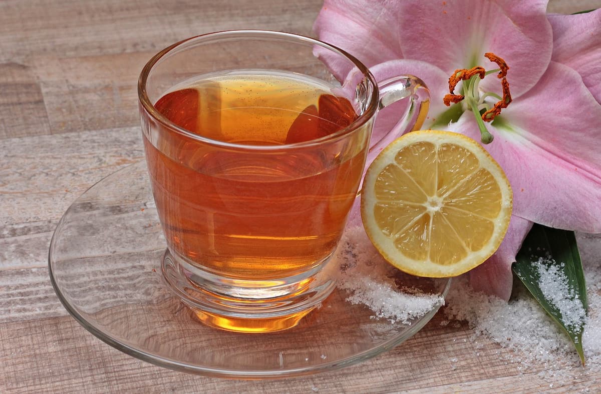 Uma caneca de vidro com um chá de cavalinha e limão 