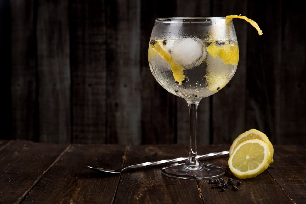 Drink de gin em uma taça transparente. Imagem disponível em Unsplash.