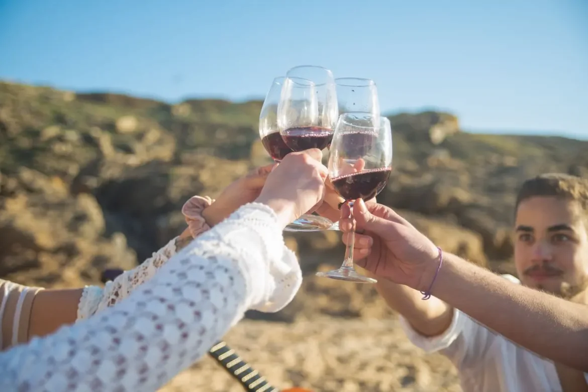 Grupo de amigos brinda com taças de vinho ao ar livre, diante de uma paisagem rochosa.
