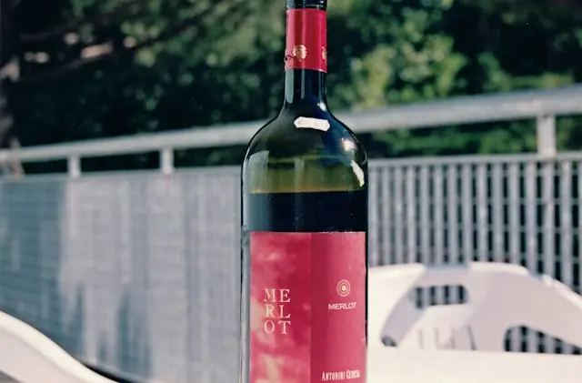 Garrafa de vinho Merlot sobre mesa em área externa.