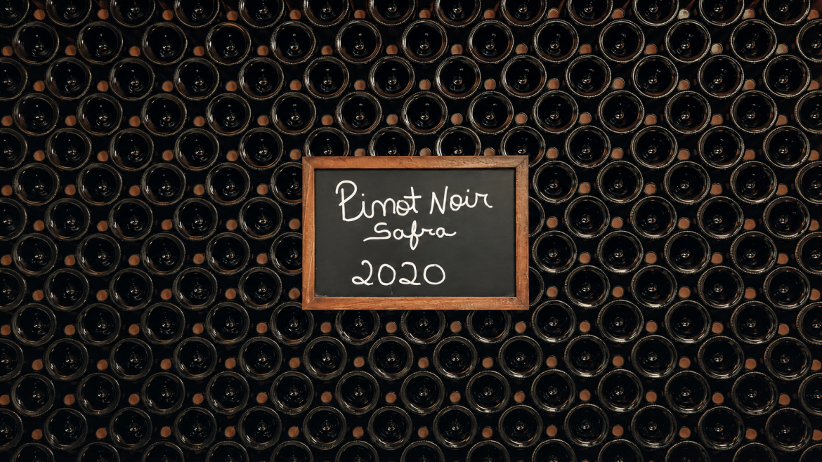 Garrafas de vinho armazenadas em adega, com placa central escrita “Pinot Noir Safra 2020”.